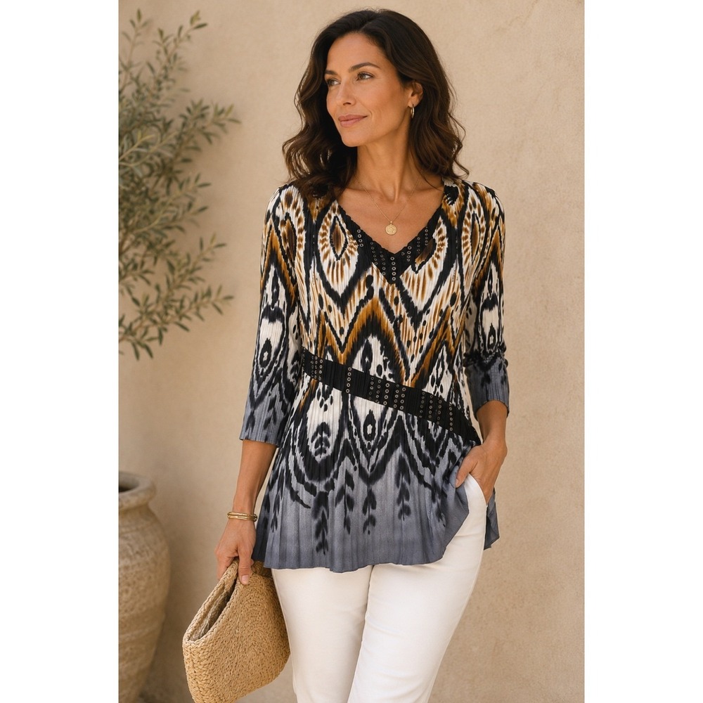 Alberto Makali Womens XL Plisse Pleated Ikat Sequin V-Neck 3/4 Sleeve‎ Top